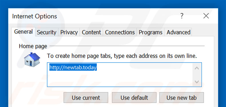 Eliminando newtab.today de la página de inicio de Internet Explorer