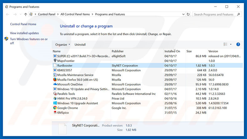 Desinstalar el adware RunBooster a través del Panel de Control