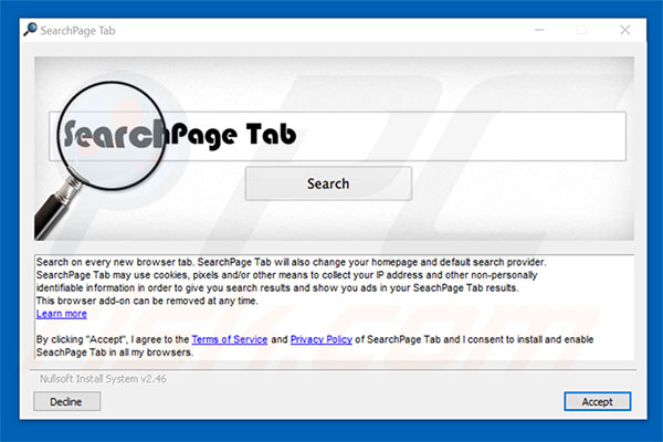 Instalación oficial del secuestrador de navegadores SearchPage Tab