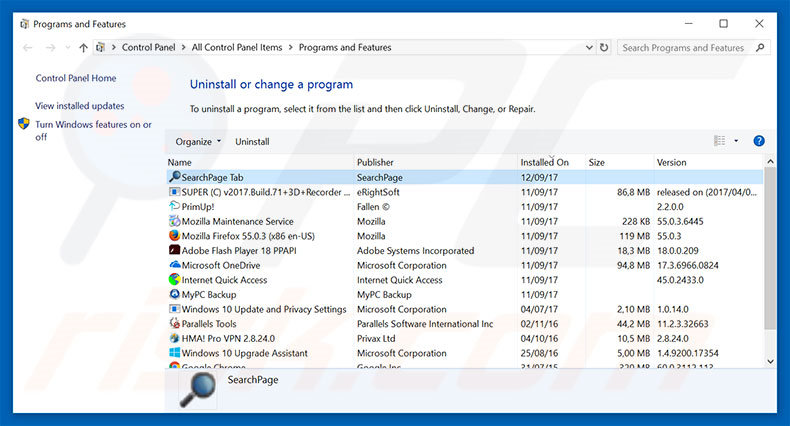 desinstalar el secuestrador de navegadores searchpage.com desde el Panel de control