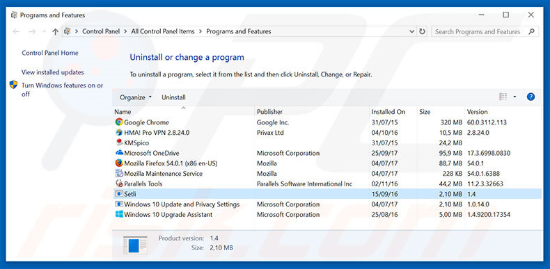 desinstalar el adware Setli del Panel de control