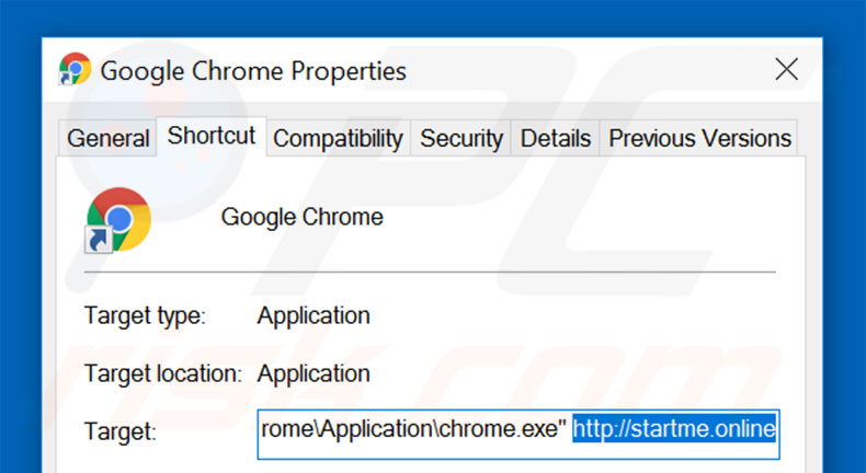Eliminar startme.online del destino del acceso directo de Google Chrome paso 2
