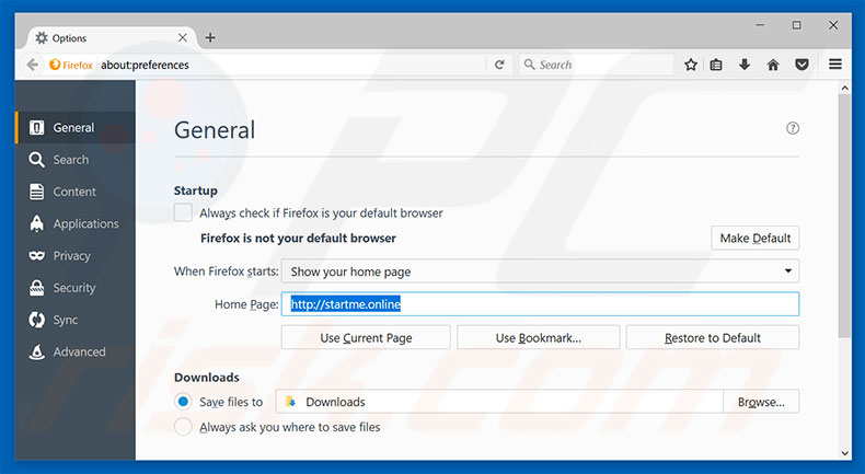 Eliminando startme.online de la página de inicio de Mozilla Firefox