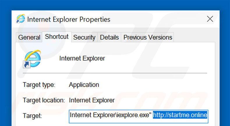 Eliminar startme.online del destino del acceso directo de Internet Explorer paso 2