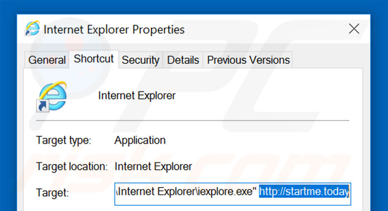 Eliminar startme.today del destino del acceso directo de Internet Explorer paso 2