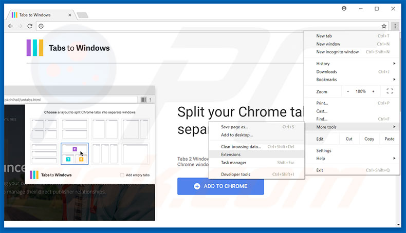 Eliminando los anuncios de Tabs To Windows de Google Chrome paso 1