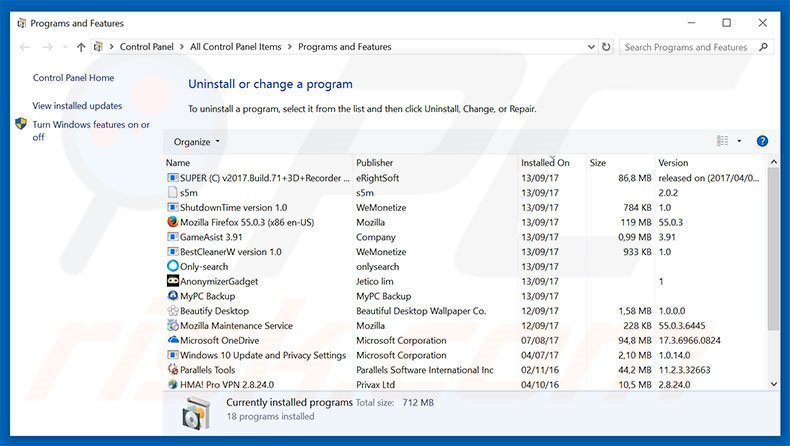 Instrucciones para eliminar el software publicitario Unauthorized Access Detected ! desinstalar adware del Panel de control