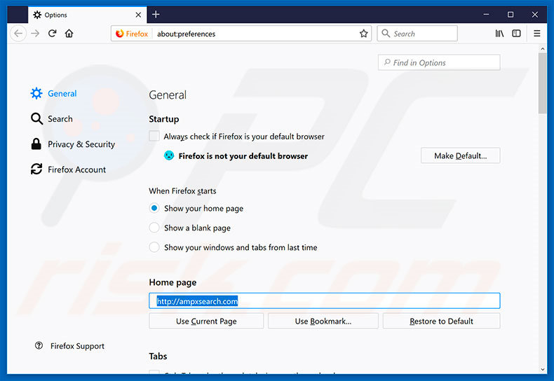 Eliminando ampxsearch.com de la página de inicio de Mozilla Firefox