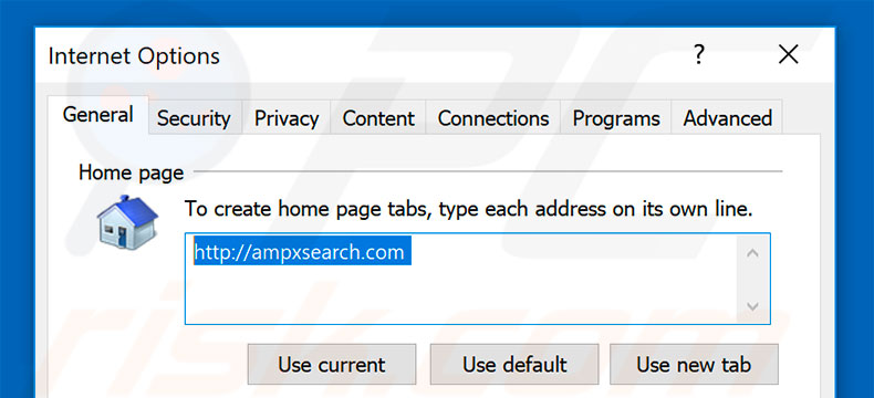 Eliminando ampxsearch.com de la página de inicio de Internet Explorer