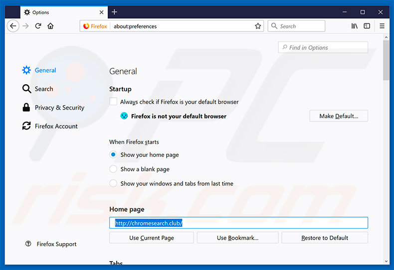Eliminando chromesearch.club de la página de inicio de Mozilla Firefox