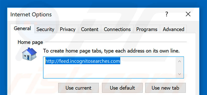 Eliminando feed.incognitosearches.com de la página de inicio de Internet Explorer