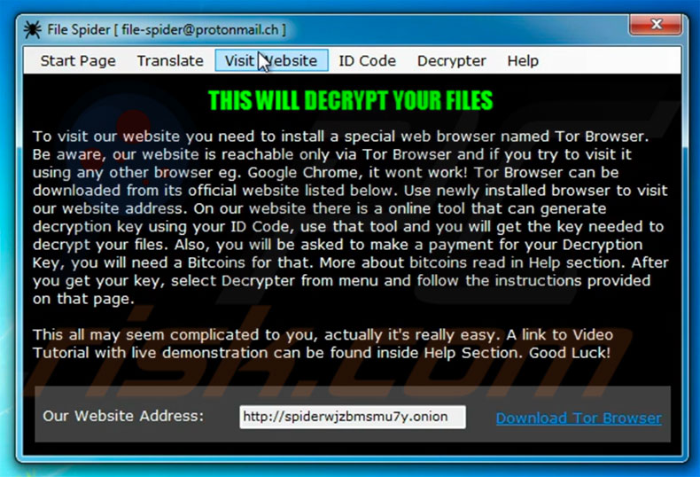 sitio web en ventana emergente de File Spider
