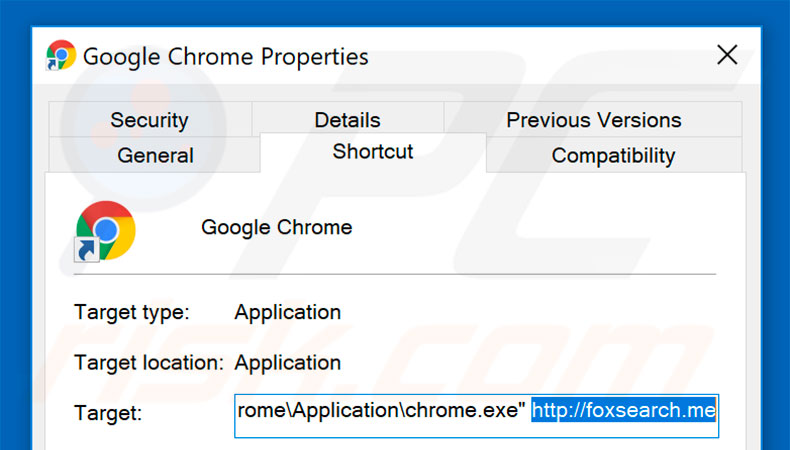 Eliminar foxsearch.me del destino del acceso directo de Google Chrome paso 2