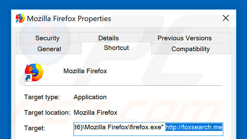 Eliminar foxsearch.me del destino del acceso directo de Mozilla Firefox paso 2