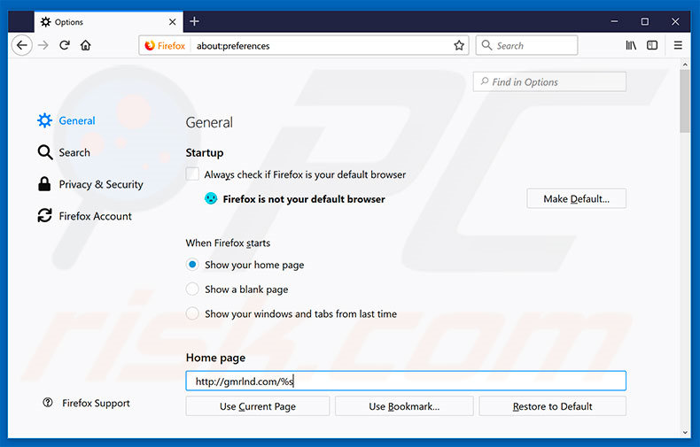 Eliminando gmrlnd.com de la página de inicio de Mozilla Firefox