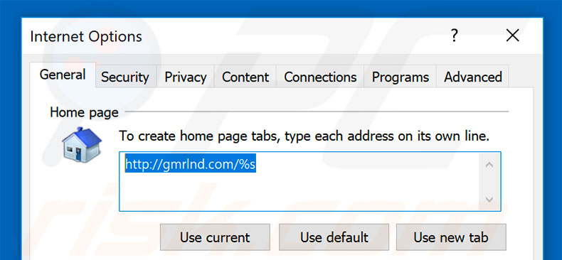 Eliminando gmrlnd.com de la página de inicio de Internet Explorer