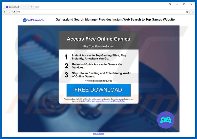 Sitio web destinado a promocionar el secuestrador de navegadores GamerzLand