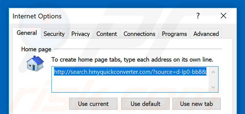 Eliminando search.hmyquickconverter.com de la página de inicio de Internet Explorer