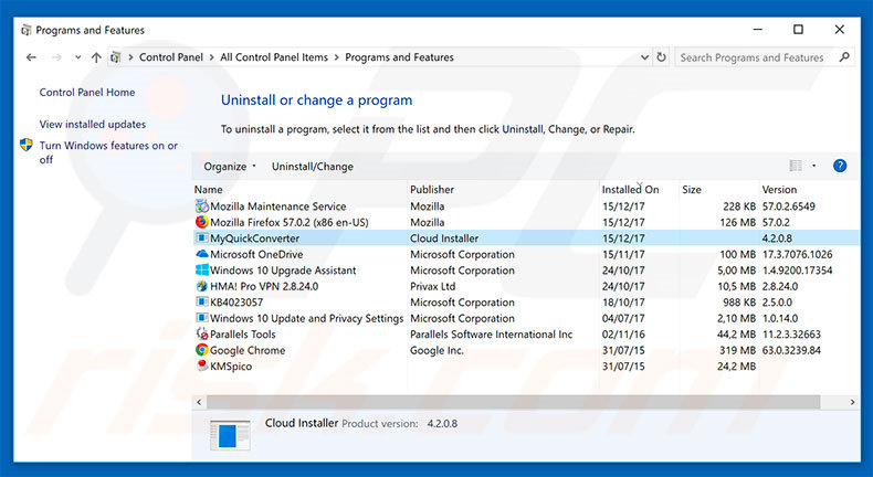 desinstalar el secuestrador de navegadores search.hmyquickconverter.com desde el Panel de control