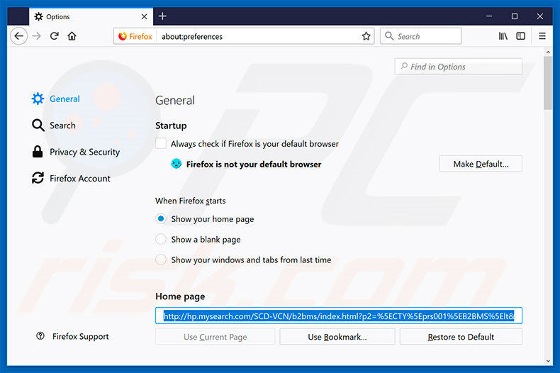 Eliminando hp.mysearch.com de la página de inicio de Mozilla Firefox