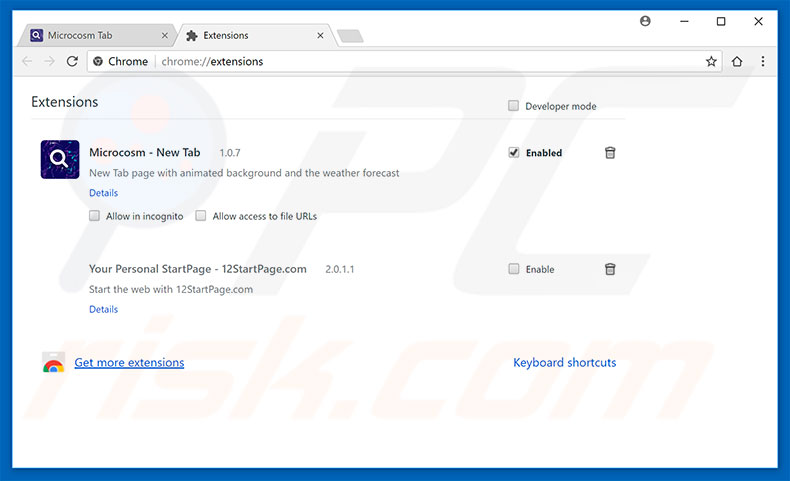 Eliminando las extensiones relacionadas con search.microcosmtab.com de Google Chrome