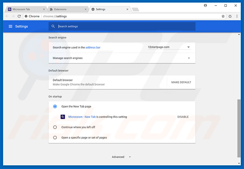 Eliminando search.microcosmtab.com de la página de inicio de Google Chrome