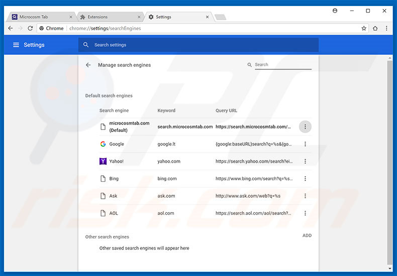Eliminando search.microcosmtab.com del motor de búsqueda por defecto de Google Chrome