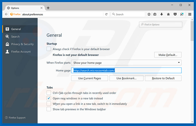 Eliminando search.microcosmtab.com de la página de inicio de Mozilla Firefox