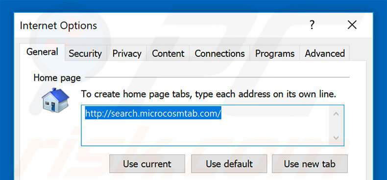 Eliminando search.microcosmtab.com de la página de inicio de Internet Explorer