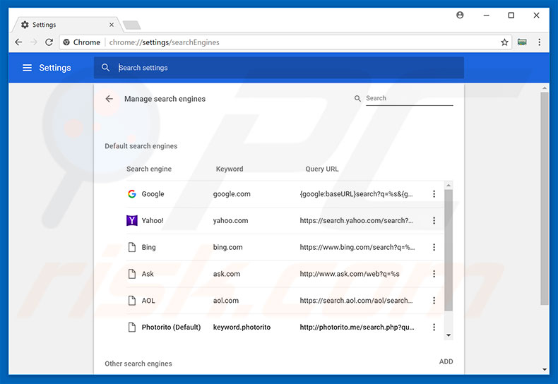 Eliminando photorito.me del motor de búsqueda por defecto de Google Chrome