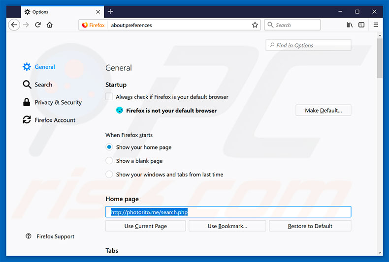 Eliminando photorito.me de la página de inicio de Mozilla Firefox