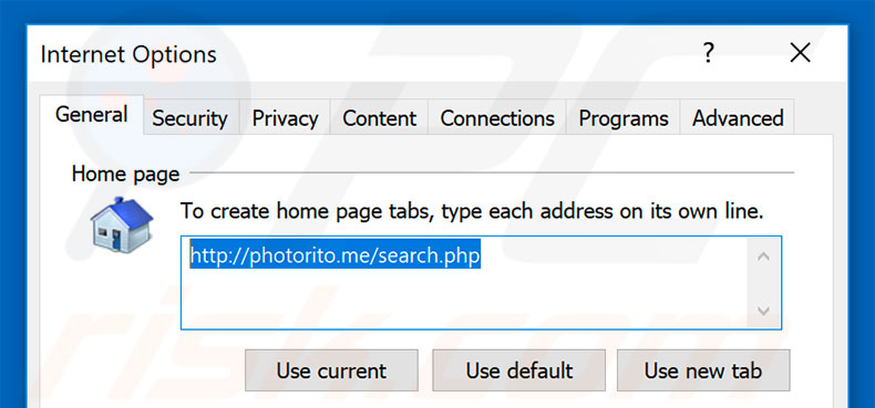 Eliminando photorito.me de la página de inicio de Internet Explorer