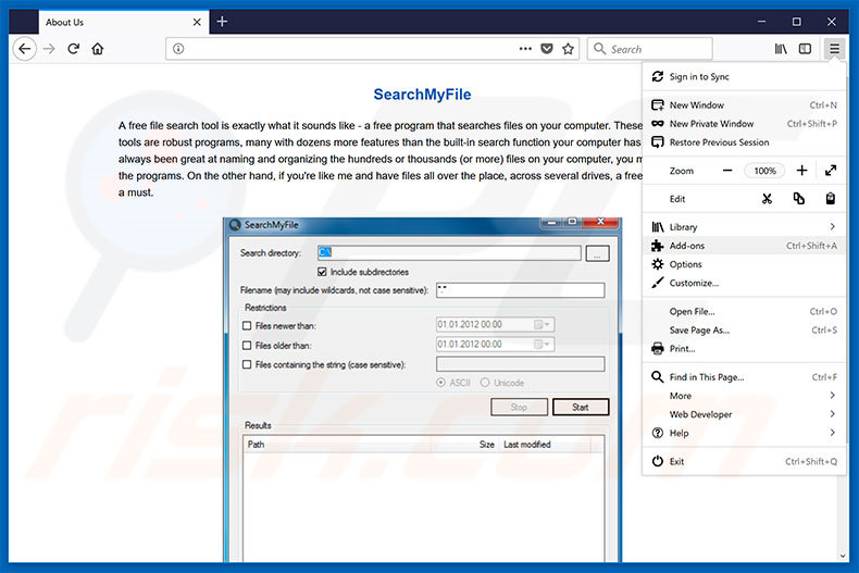 Eliminando los anuncios SearchMyFile de Mozilla Firefox paso 1