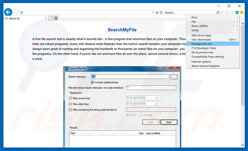 Eliminando los anuncios de SearchMyFile de Internet Explorer paso 1