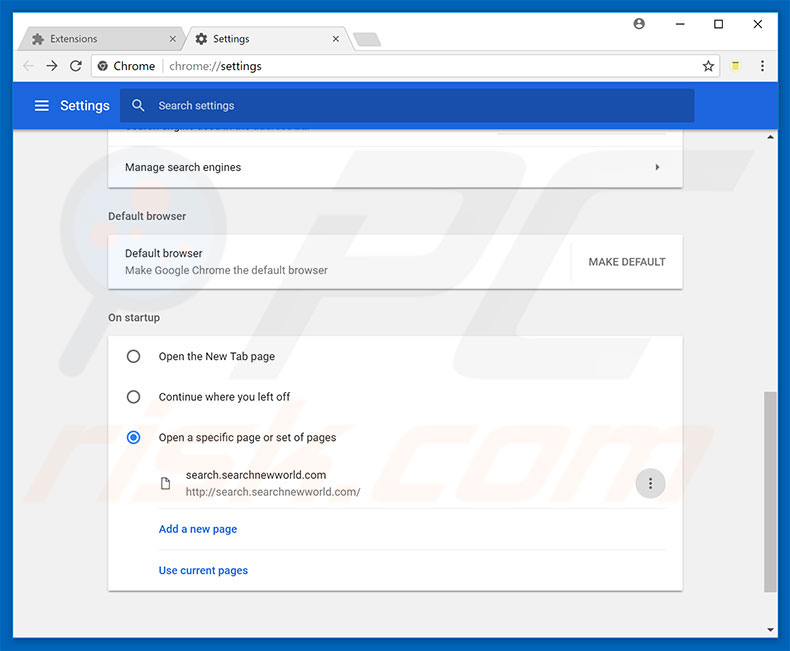 Eliminando searchnewworld.com de la página de inicio de Google Chrome