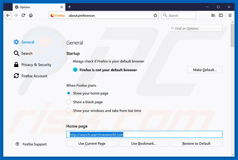 Eliminando searchnewworld.com de la página de inicio de Mozilla Firefox