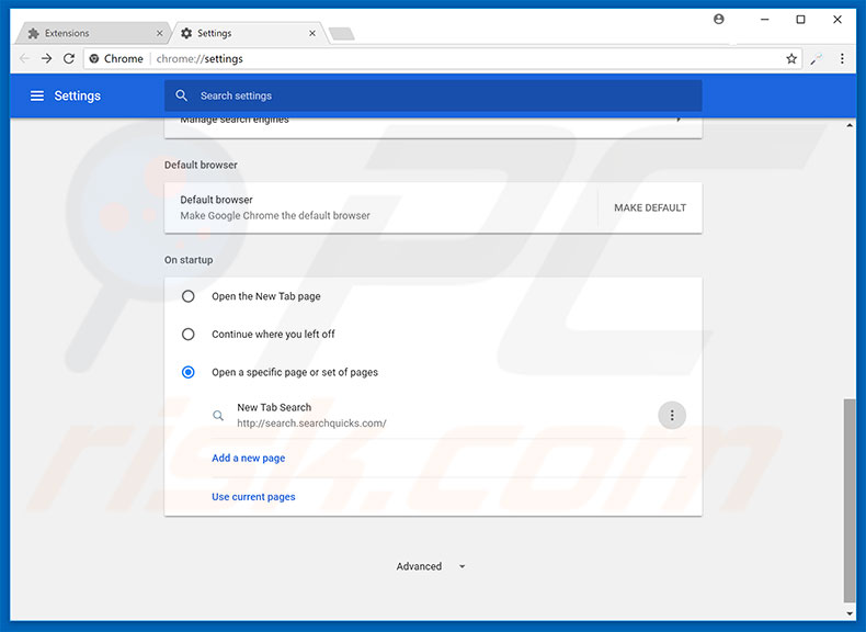 Eliminando search.searchquicks.com de la página de inicio de Google Chrome