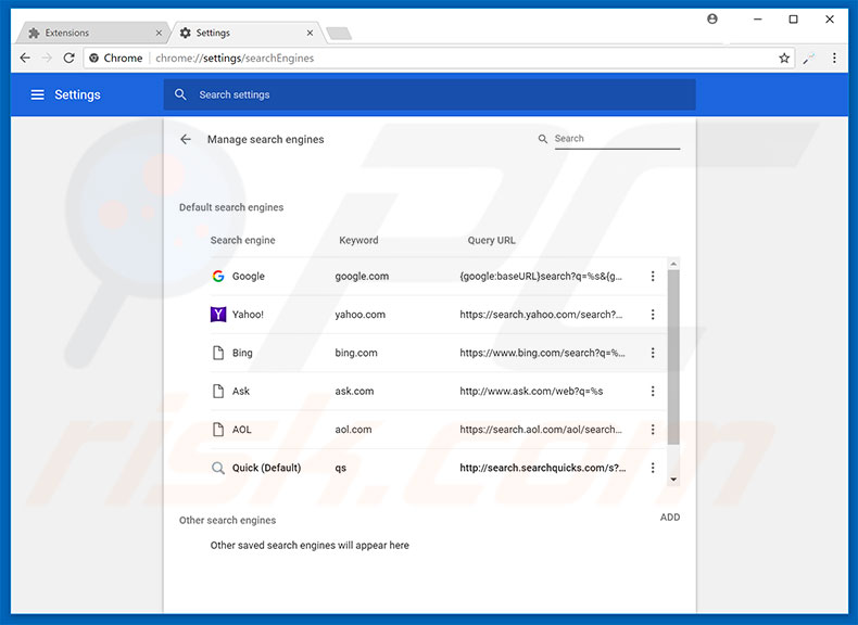 Eliminando search.searchquicks.com del motor de búsqueda por defecto de Google Chrome