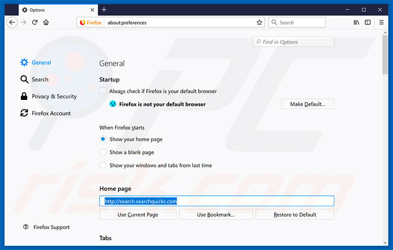 Eliminando search.searchquicks.com de la página de inicio de Mozilla Firefox