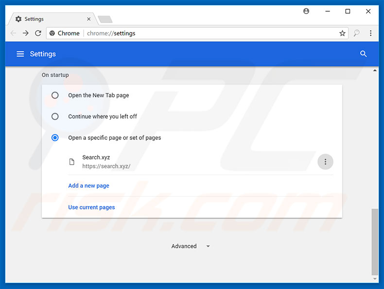 Eliminando search.xyz de la página de inicio de Google Chrome