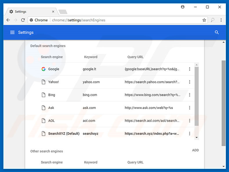 Eliminando search.xyz del motor de búsqueda por defecto de Google Chrome