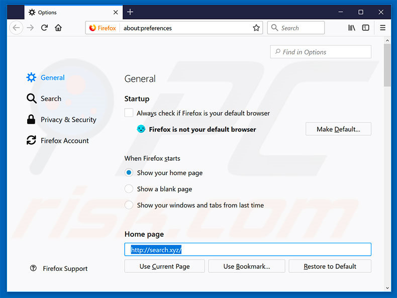 Eliminando search.xyz de la página de inicio de Mozilla Firefox