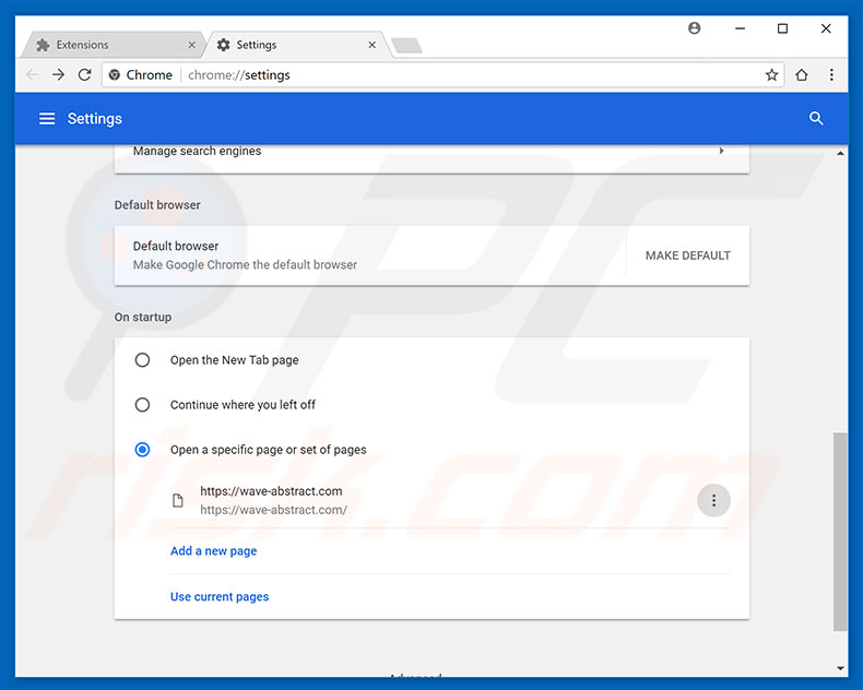 Eliminando wave-abstract.com de la página de inicio de Google Chrome