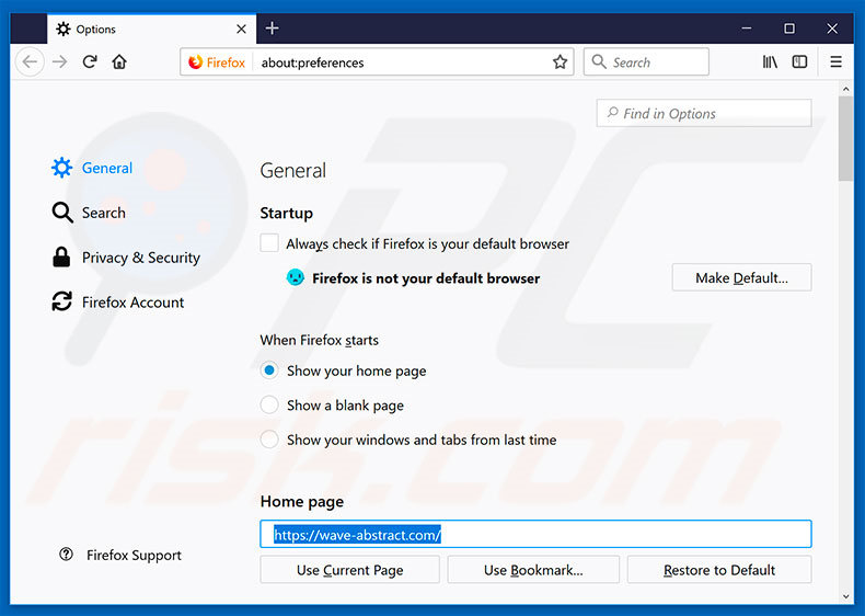Eliminando wave-abstract.com de la página de inicio de Mozilla Firefox