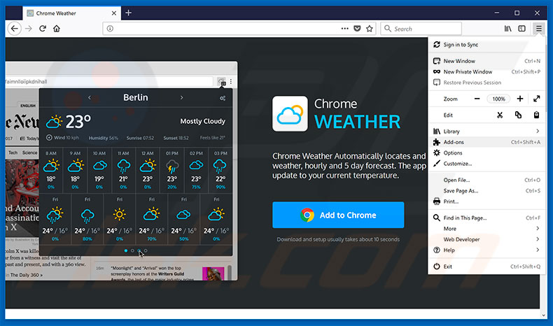 Eliminando los anuncios de Weather For Chrome de Mozilla Firefox paso 1