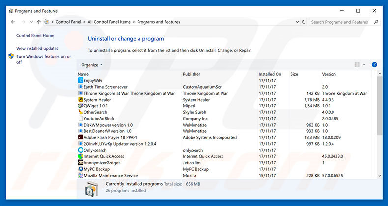 desinstalar el software publicitario Windows Detected ZEUS Virus desde el Panel de Control