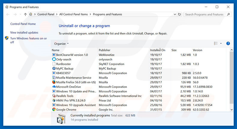 Desinstalar el adware Your Computer Has Been Locked To Prevent Damage a través del Panel de Control