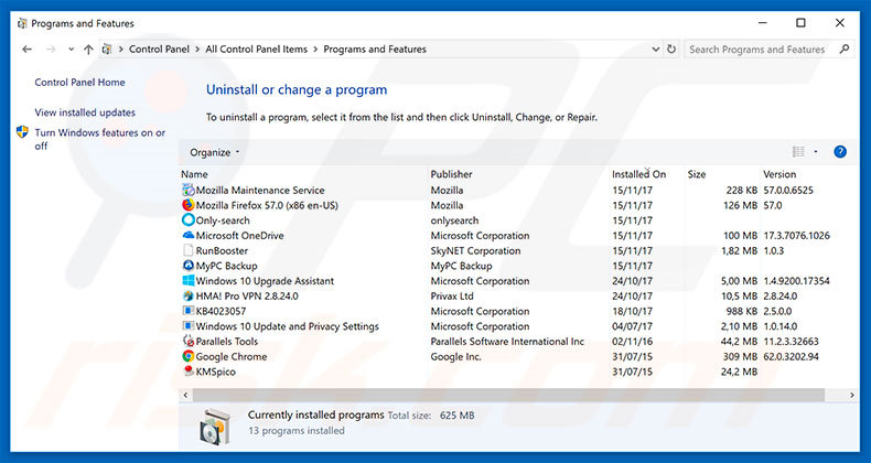 desinstalar el software publicitario Your Device Is Under Threat desde el panel de control