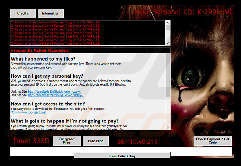 Mensaje de petición de rescate del ransomware ANNABELLE