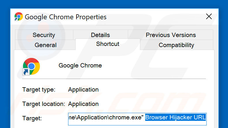 Eliminar la url no deseada del destino del acceso directo de Google Chrome paso 2